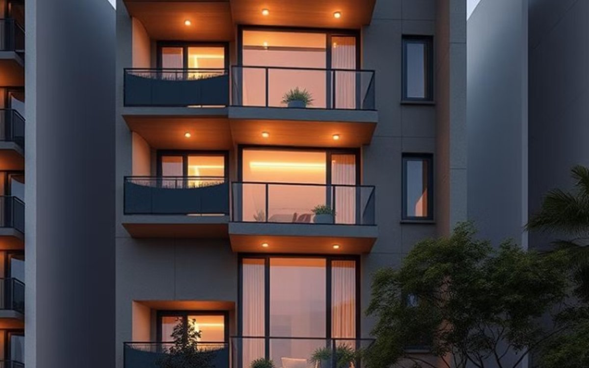 Fachada de prédio residencial ao entardecer